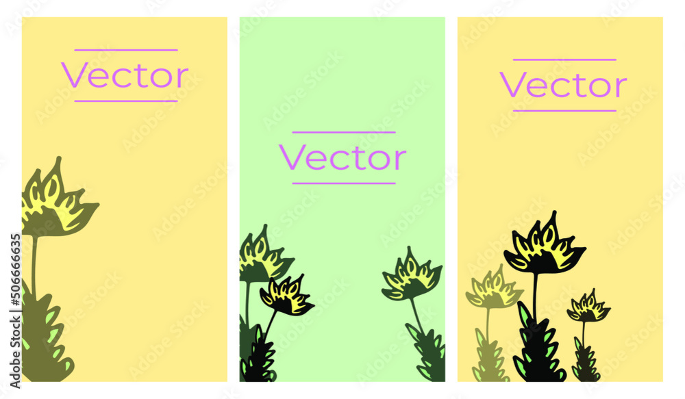 Cute wild flower sketch vector set of illustrations. Beauty floral hand drawn vertical background. Botany cosmetics media banner