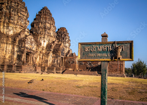 Pra Prang Sam Yod or Phra Prang Sam Yot ruin temple with monkeys, in Lopburi, Thailand photo