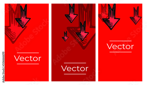 Downward trend red point graph sketch vector set of illustrations. Bear market crash hand drawn vertical background. Drop media banner