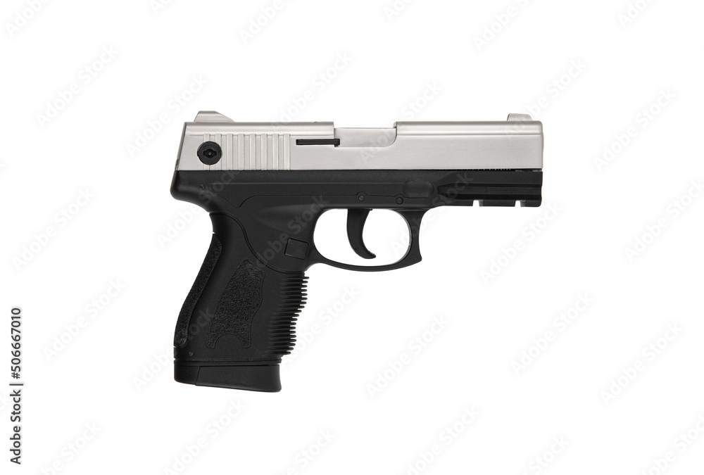 Modern semi-automatic pistol isolate on a white background. Armament for the army and police. Short-barreled weapon Modern semi-automatic pistol isolate on a white background. Armament for the army and police. Short-barreled weapon