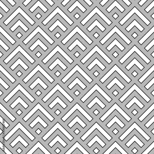 Seamless Chinese window tracery pattern design. Repeated white rhombuses and angle brackets on grey background. Scallop ornament. Image with scales. Ancient japanese scallops motif. Squama. Vector art