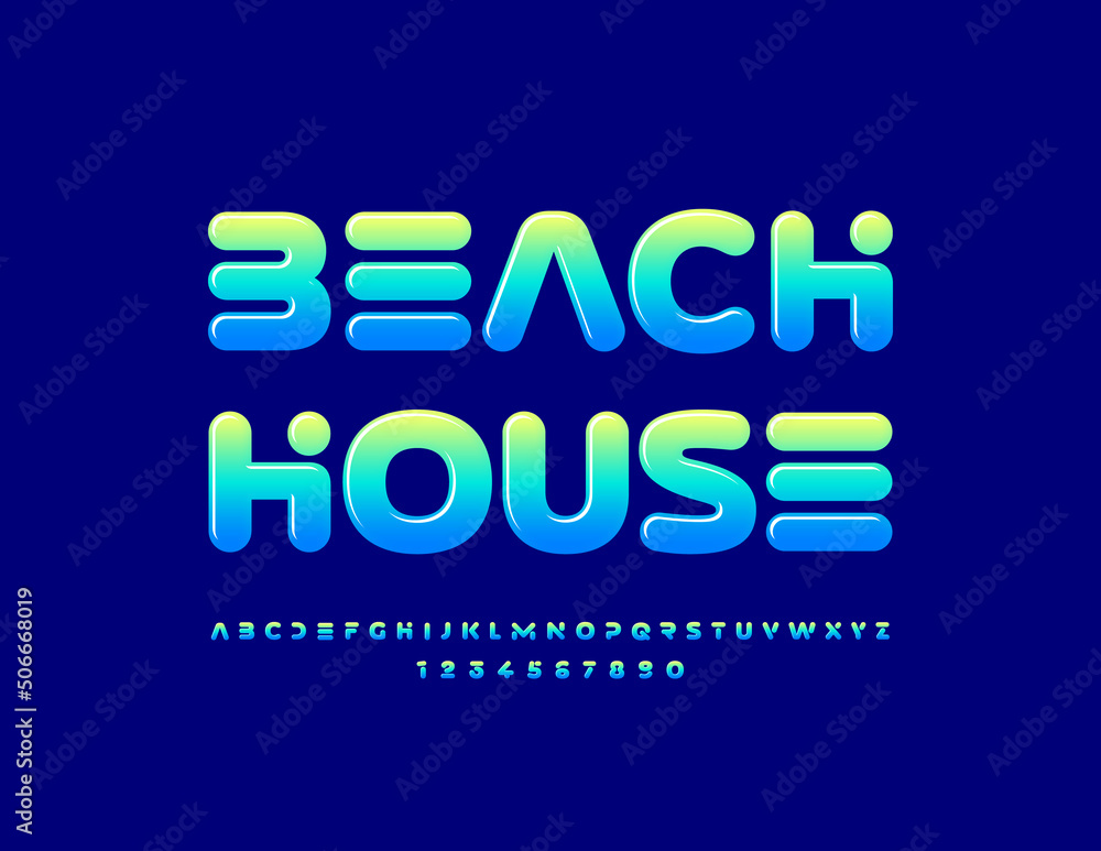 Vector creative banner Beach House. Gradient color. Unique Alphabet Letters and Numbers set