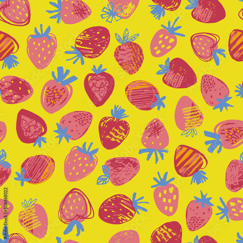Vector seamless pattern of red and pink strawberries on a yellow background