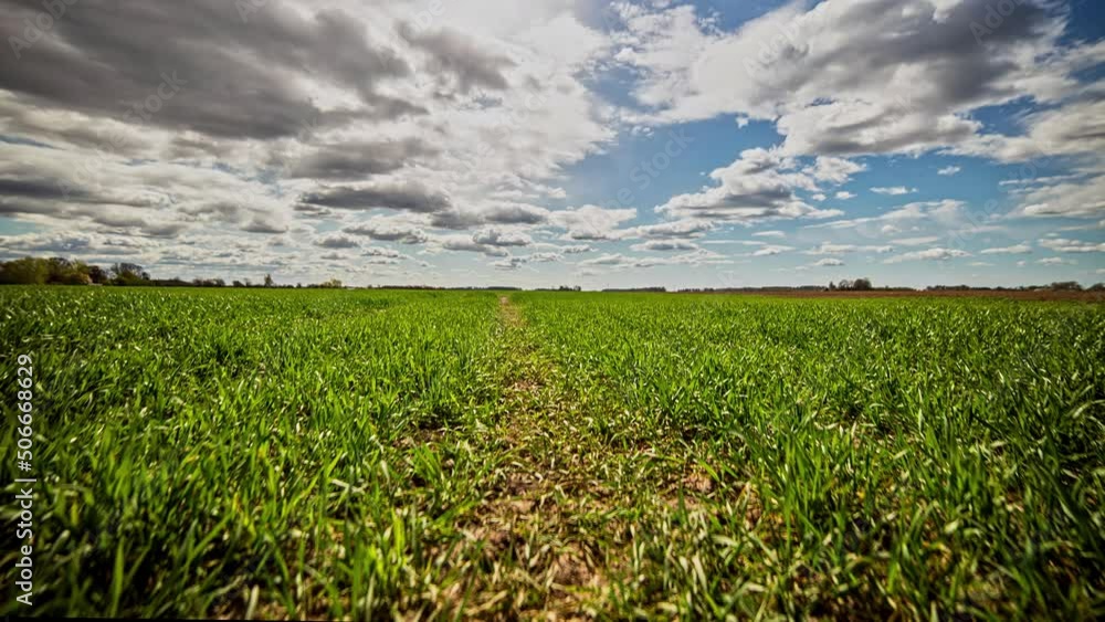 Timelapse shot of white clouds passing by over the green agricultural field at daytime. Timelapse shot of white clouds passing by over the green agricultural field at daytime.