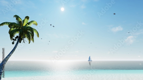 Blue sky over the sea and beach. Waves washing the sand. Palm trees on the caribbean tropical beach. Vacation travel background. 