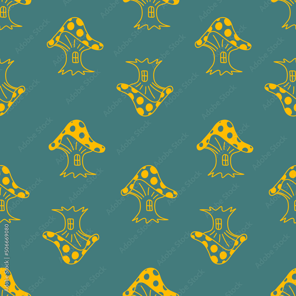 Obraz premium Fly agaric toadstool mushroom seamless pattern yellow green for textile design
