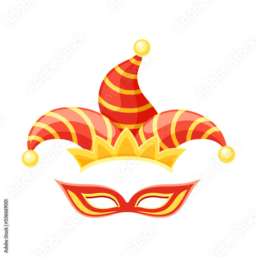 Carnival Jester Mask with Jingle Bells Hat as Head Accessory for Festive Party Celebration Vector Illustration