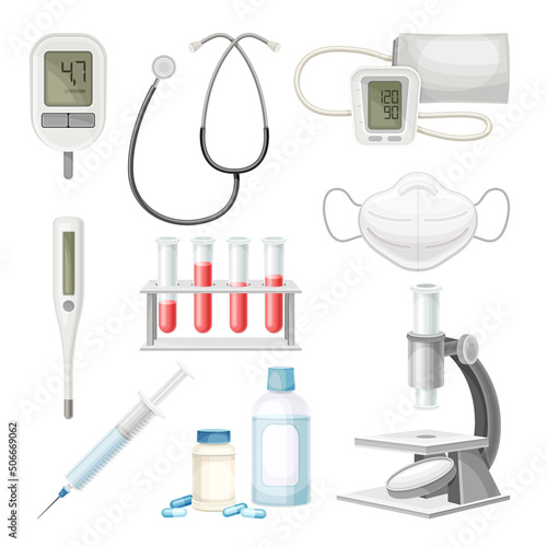 Medical Devices with Stethoscope, Syringe and Blood Pressure Gauge Vector Set