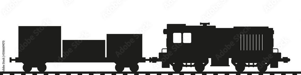 Shunting diesel locomotive with a cargo platform. Train silhouette. Flat vector illustration isolated on white background. Shunting diesel locomotive with a cargo platform. Train silhouette. Flat vector illustration isolated on white background.