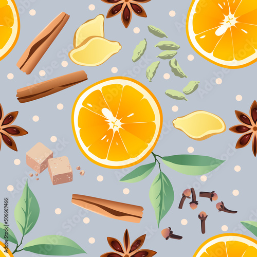 Ingredients for wine – cinnamon sticks, orange, aniseed star, cloves, cardamom, ginger, sugar for autumn and Christmas holidays. Vector seamless pattern with spices and ingredients for mulled wine.