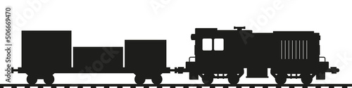 Shunting diesel locomotive with a cargo platform. Train silhouette. Flat vector illustration isolated on white background.