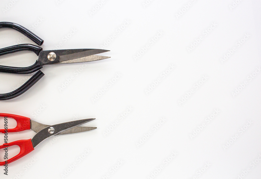 Two craft scissor on white background. Craft tools, craft making process presentation template. Two craft scissor on white background. Craft tools, craft making process presentation template.