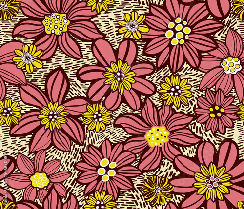 Retro Floral lino cut style seamless pattern  pink and yellow flowers background