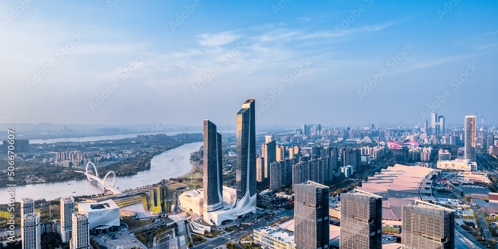 Aerial photography of the city skyline of Nanjing Youth Olympic Center and Nanjing Eye Bridge in Nanjing, Jiangsu, China