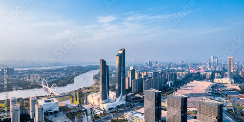 Aerial photography of the city skyline of Nanjing Youth Olympic Center and Nanjing Eye Bridge in Nanjing, Jiangsu, China #506670607