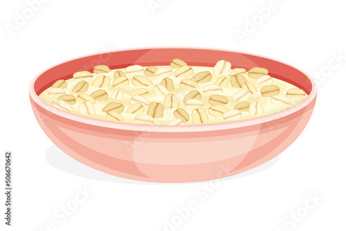 Oatmeal as Whole-grain Food with Rolled Oats in Deep Bowl Vector Illustration