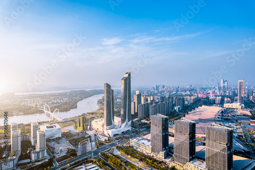 Aerial photography of the city skyline of Nanjing Youth Olympic Center and Nanjing Eye Bridge in Nanjing, Jiangsu, China