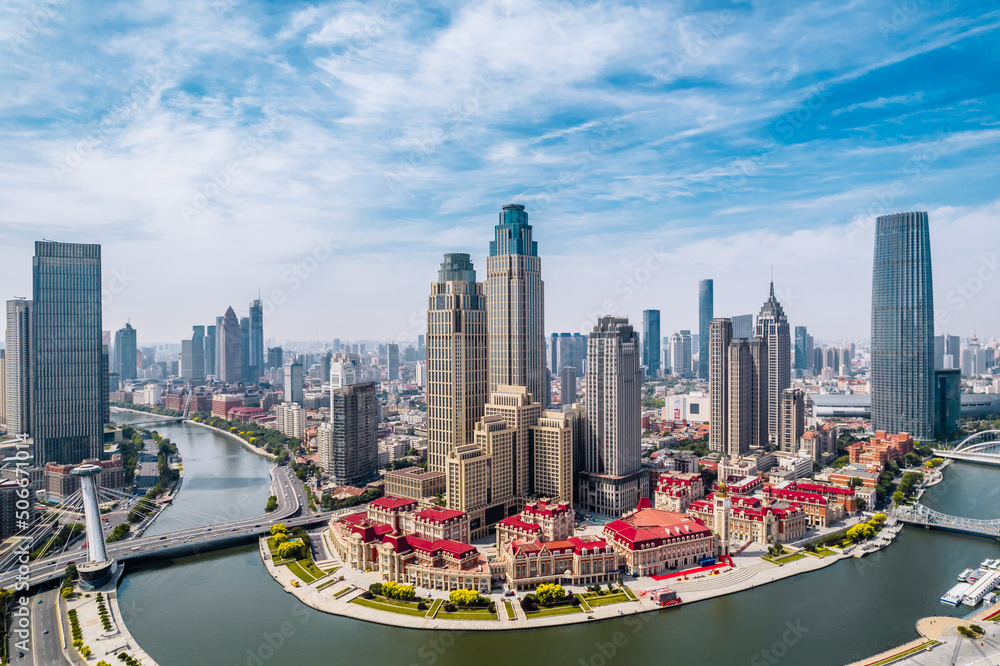 Aerial photography of CBD city skyline of Haihe and Jinwan Plaza, Tianjin, China - obrazy, fototapety, plakaty 