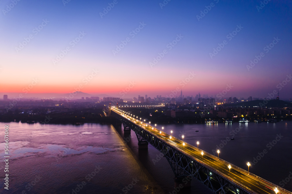 Fototapeta premium Aerial night view of Nanjing Yangtze River Bridge in Jiangsu, China