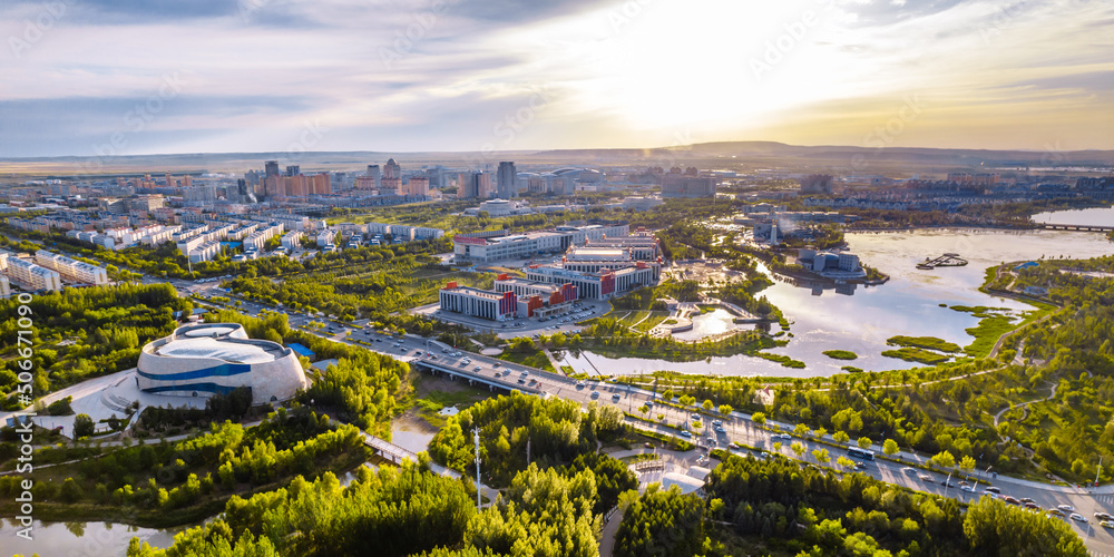 Fototapeta premium Aerial photography of Xilin River and city skyline in Xilinhot City, Xilin Gol League, Inner Mongolia
