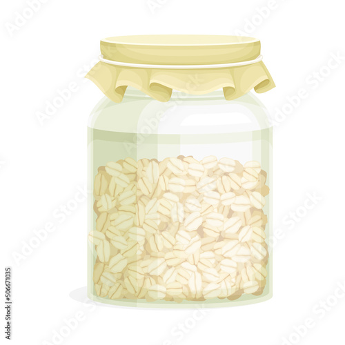 Glass Jar with Oatmeal as Whole-grain Food with Flattened Rolled Oats Vector Illustration