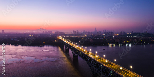 Aerial night view of Nanjing Yangtze River Bridge in Jiangsu, China