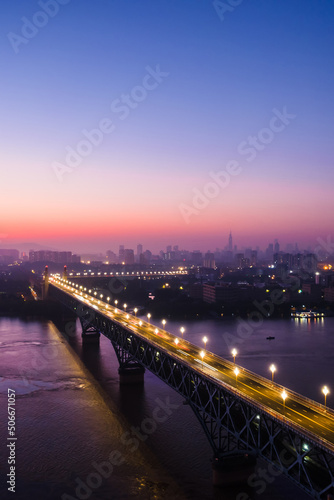 Aerial night view of Nanjing Yangtze River Bridge in Jiangsu, China