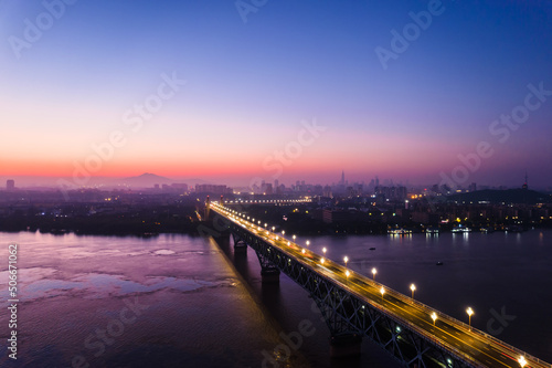 Aerial night view of Nanjing Yangtze River Bridge in Jiangsu, China