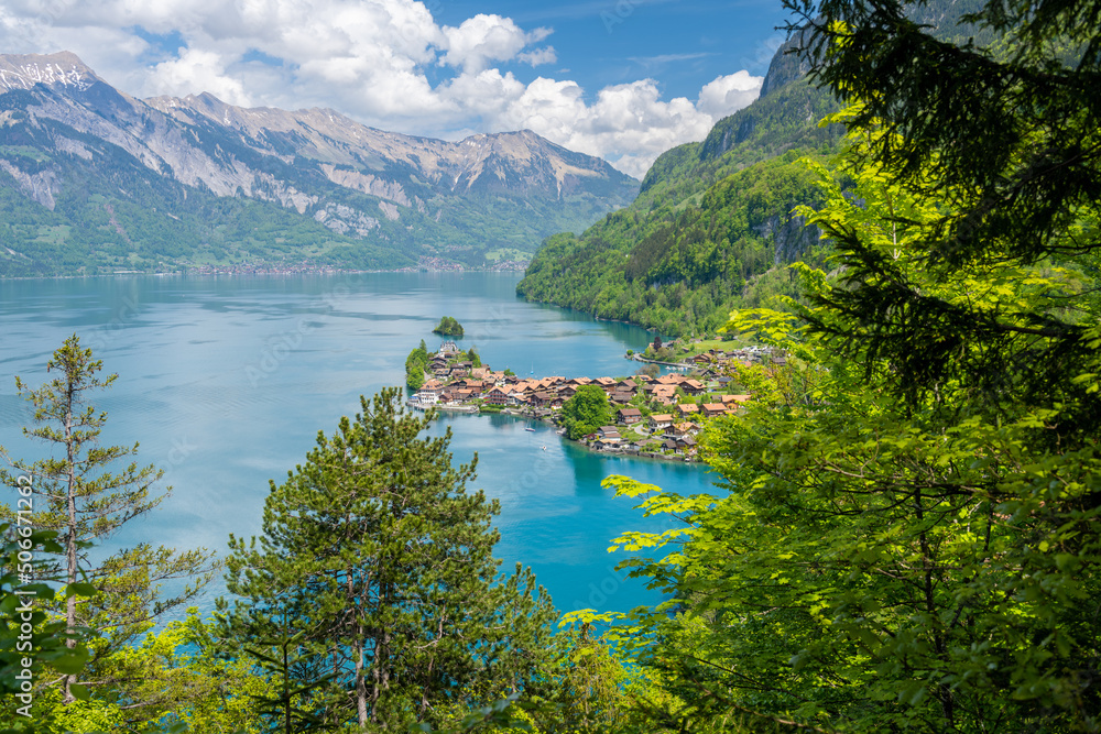 view on Iseltwald town and Brienzersee lake in Switzerland