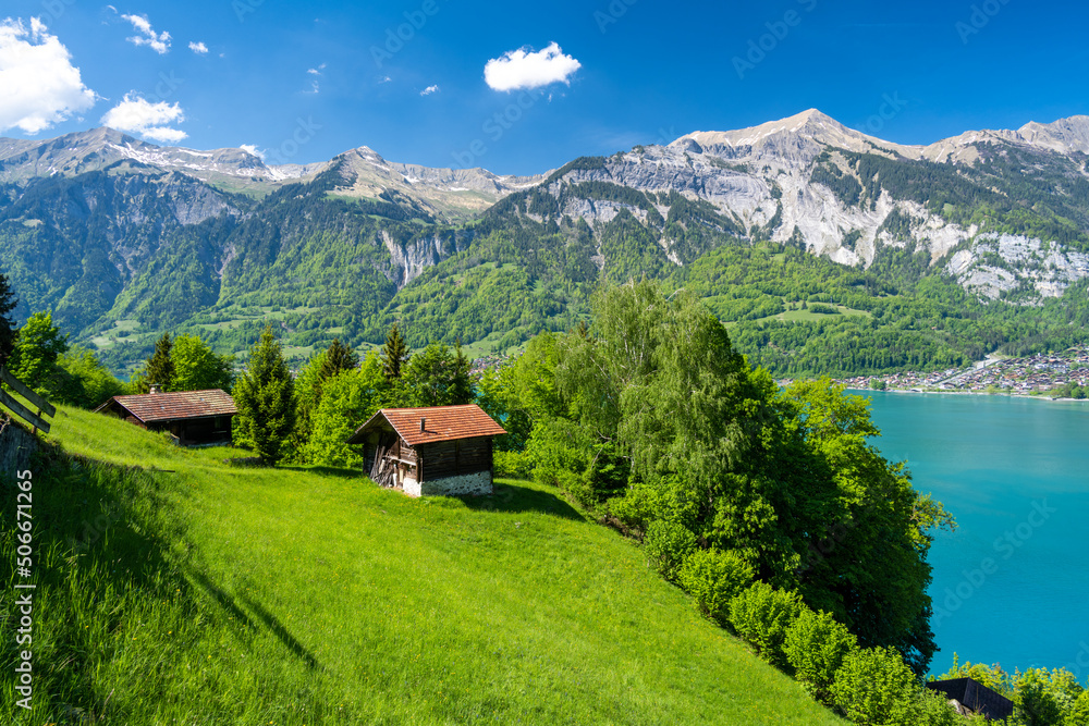 amazing alpine view on Brienzersee lake with wooden hut during sunny day in Switzerland