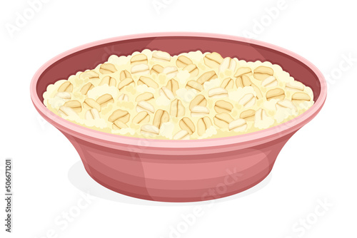 Oatmeal as Whole-grain Food with Rolled Oats in Deep Bowl Vector Illustration