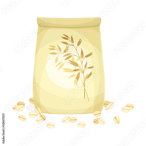 Paper Package with Oatmeal as Whole-grain Food with Flattened Rolled Oats Vector Illustration