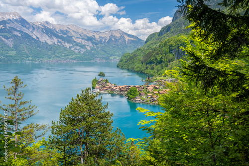 Obraz na płótnie view on Iseltwald town and Brienzersee lake in Switzerland w salonie