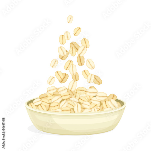 Oatmeal as Whole-grain Food with Flattened Rolled Oats in Bowl Vector Illustration