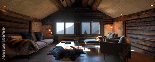 Fotografi Mountain chalet living room with large sofa, two armchairs and a large window ov