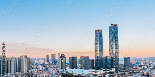 Dusk scenery of the twin towers and city skyline of Kunming, Yunnan, China