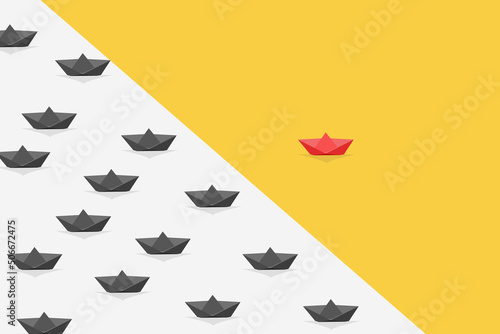 red paper boat take a new way for business opportunities. Symbol of future, leadership different business routes, career opportunity success.