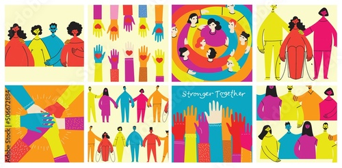 Background with happy diverse hugging people. Concept of friendship day, unity. Celebration or congratulation of multiracial friends.