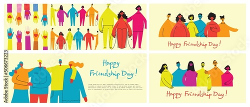 Background with happy diverse hugging people. Concept of friendship day, unity. Celebration or congratulation of multiracial friends.