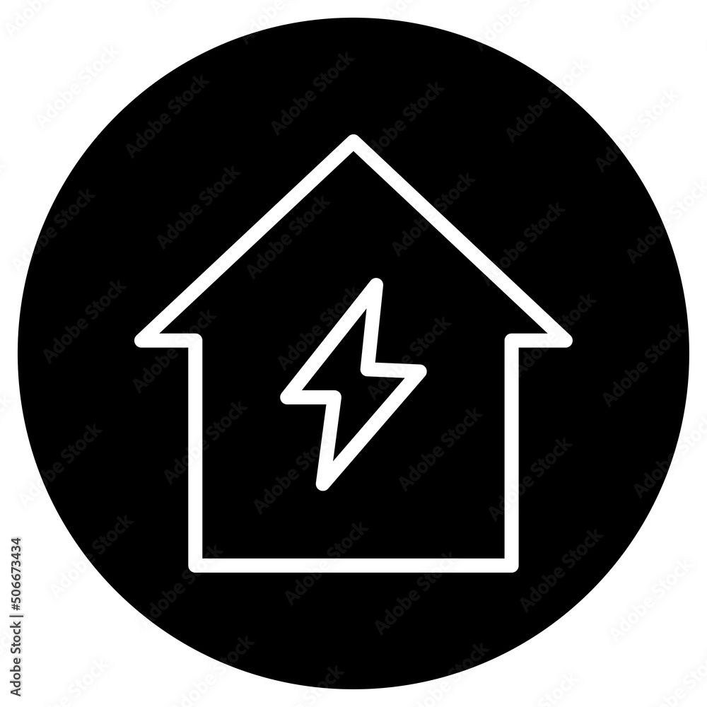 Flash, house simple icon vector. Flat design. White icon on black circle. White background.ai Flash, house simple icon vector. Flat design. White icon on black circle. White background.ai
