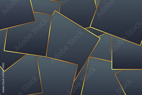 Luxury wallpaper or background. black shapes with outer golden lines. Unusual shapes and forms, many squares. Shiny shards of glass. Flat illustration isolated on the dark backdrop