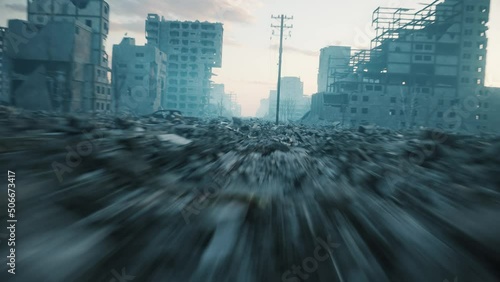 Flight over a bombed out city. Camera moving along the ruined city. The concept of the end of the war. Ruined city in Ukraine. 3d animation