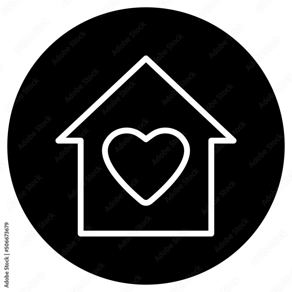 Heart, house vector simple icon. Flat design. White icon on black circle. White background.ai