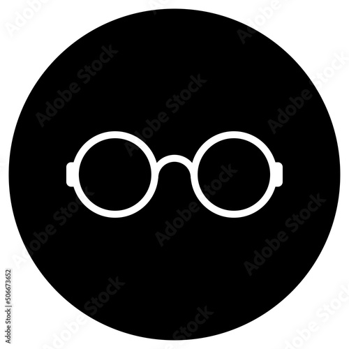 Glasses simple icon vector. Flat design. White icon on black circle. White background.ai