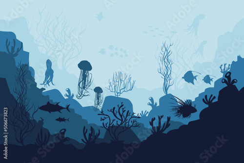 silhouette of coral reef with fish  on blue sea background underwater vector illustration