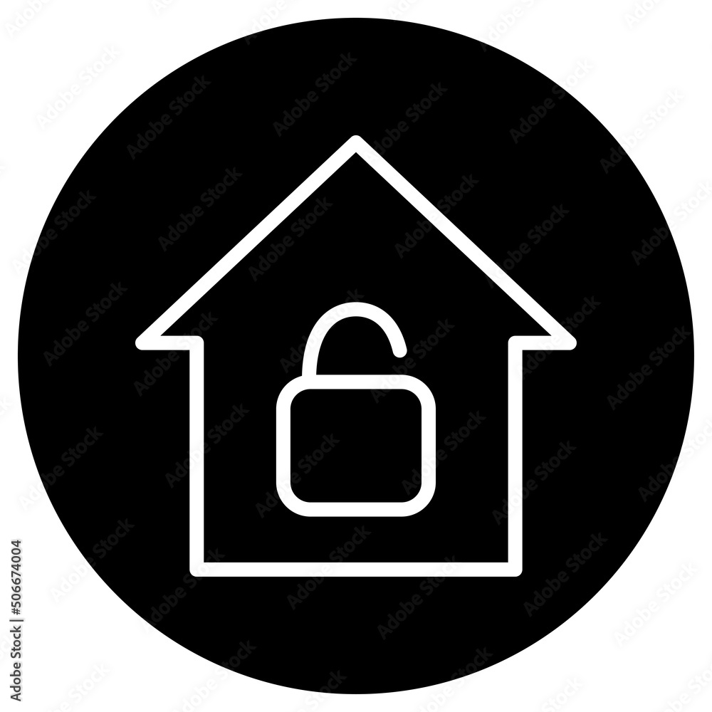 Lock, house simple icon vector. Flat design. White icon on black circle. White background.ai Lock, house simple icon vector. Flat design. White icon on black circle. White background.ai