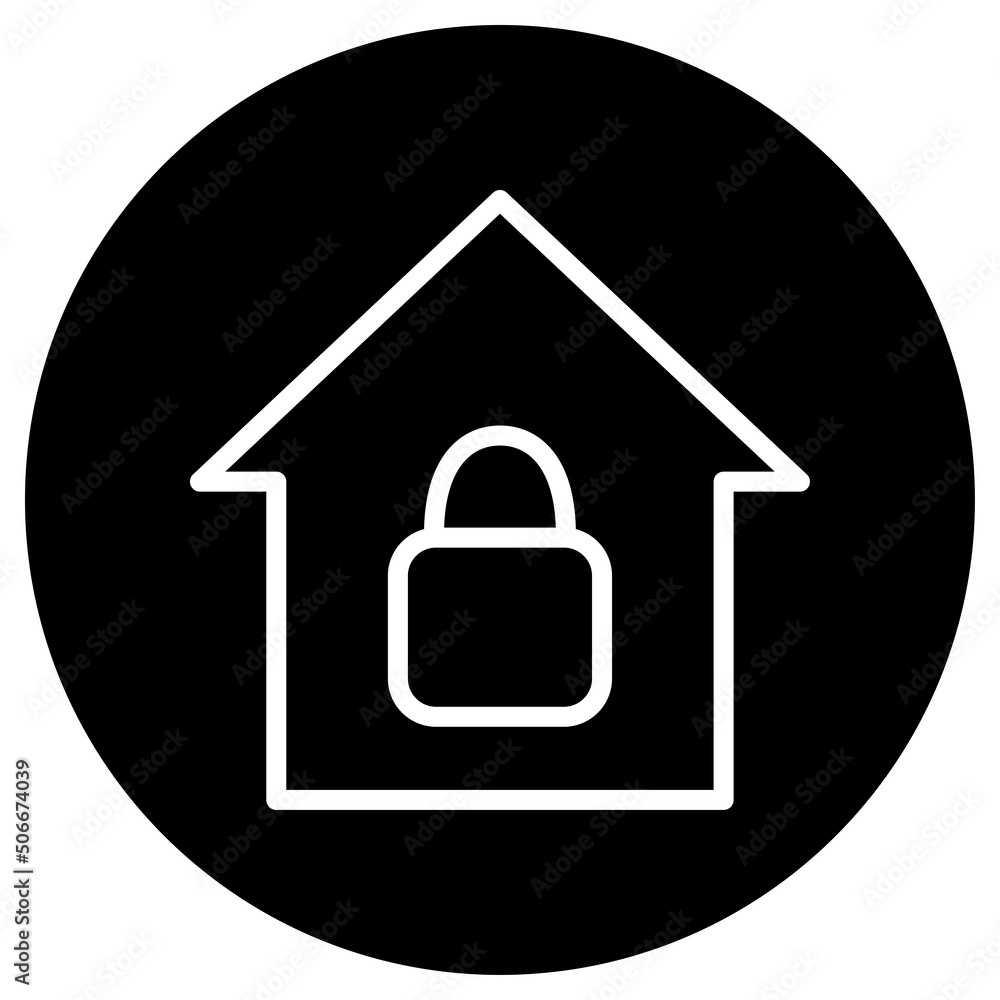 Lock, house simple icon. Flat design. White icon on black circle. White background.ai Lock, house simple icon. Flat design. White icon on black circle. White background.ai