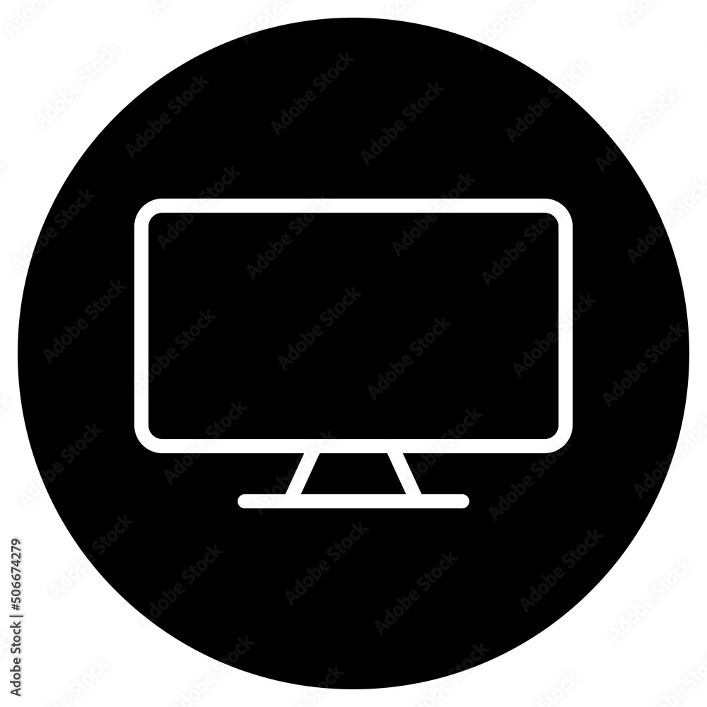 Monitor, TV simple icon vector. Flat design. White icon on black circle. White background.ai Monitor, TV simple icon vector. Flat design. White icon on black circle. White background.ai