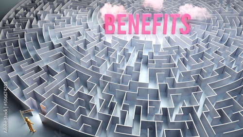Benefits and a difficult path, confusion and frustration in seeking it, hard journey that leads to Benefits,3d illustration