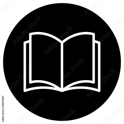 Open book simple icon vector.Flat design. White icon on black circle. White background.ai